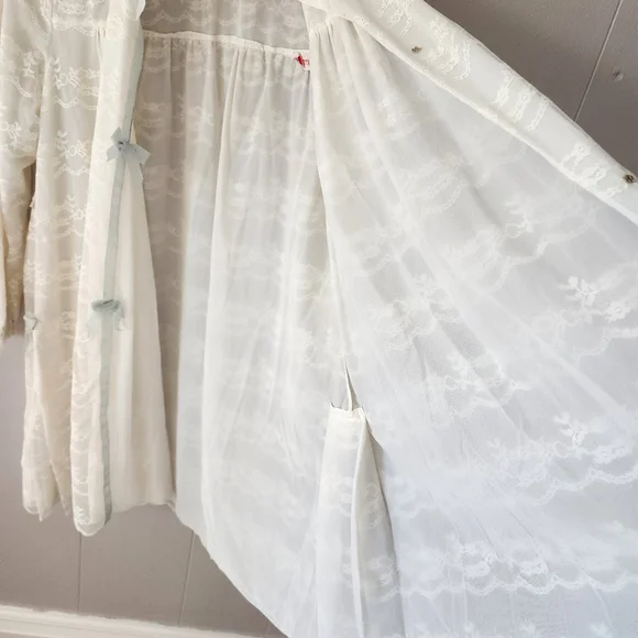 Vintage Odette Barsa Ivory Lace Peignoir Robe 1950s Sheer Blue Ribbon - Picture 8 of 15